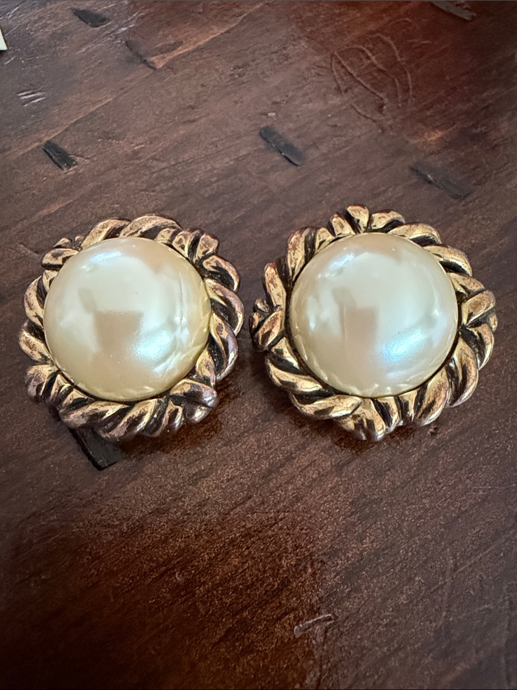 Gold-Tone Pearl Button Earrings - Les Bernard Vintage Clip Earrings